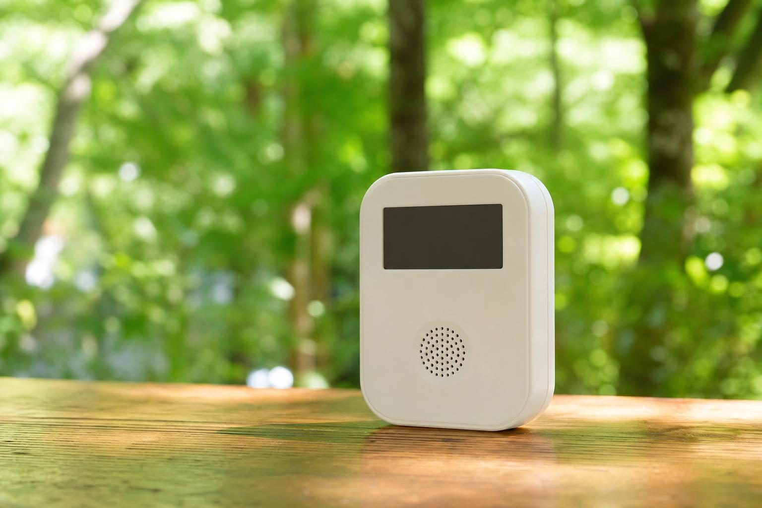 屋外の木のテーブルに置いた、手のひらサイズの白い一酸化炭素警報器