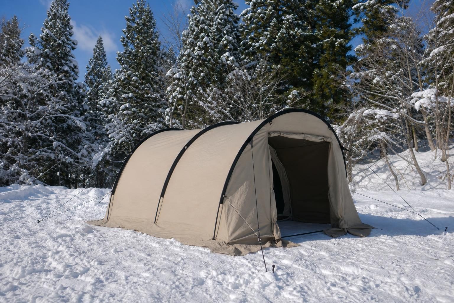 雪の積もった冬のキャンプ場に張られた、ベージュのトンネル型テントの外観