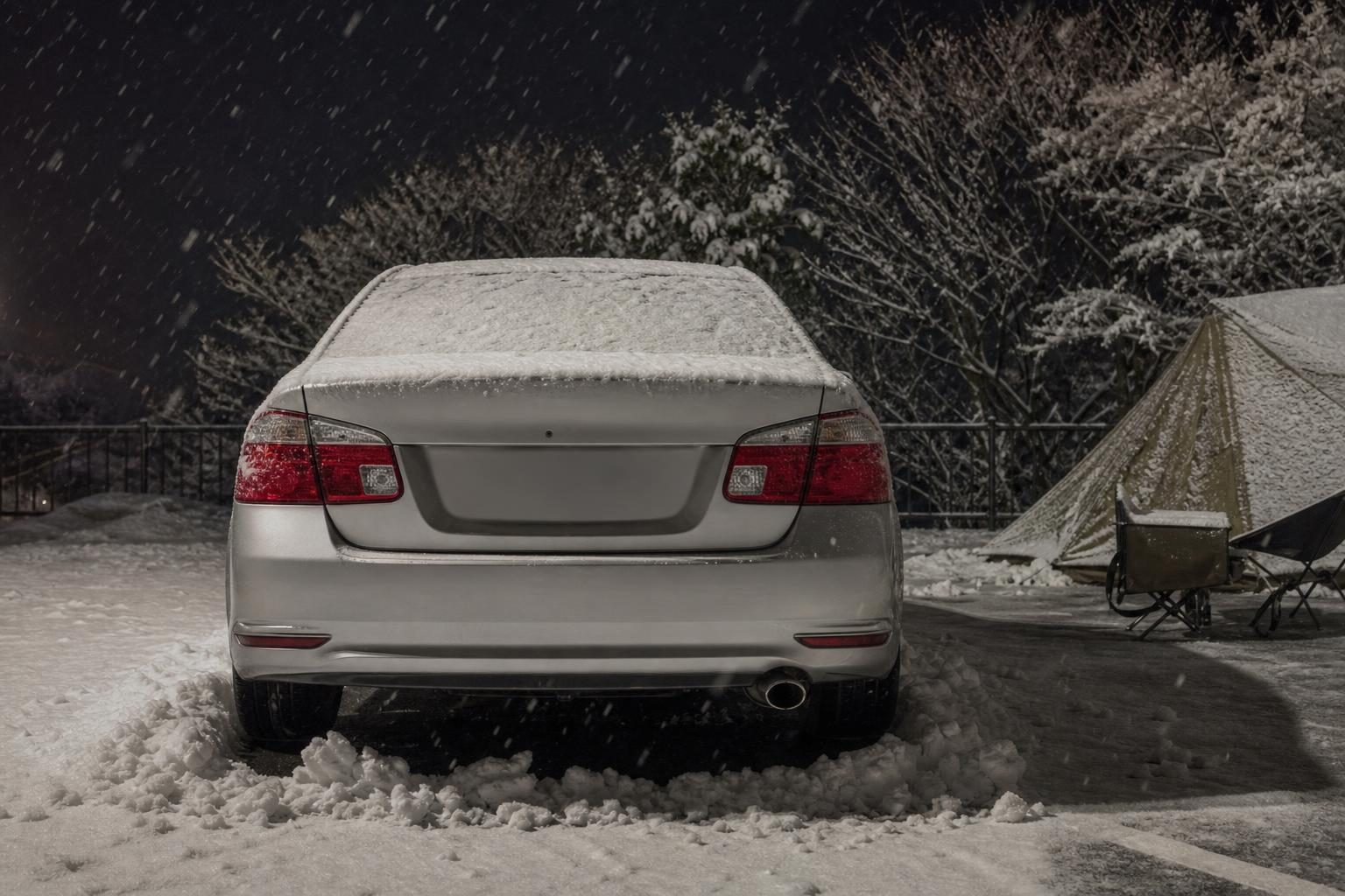 雪の降る夜の駐車場に停まった乗用車の後ろ姿。マフラーのまわりが除雪されていて雪がない様子