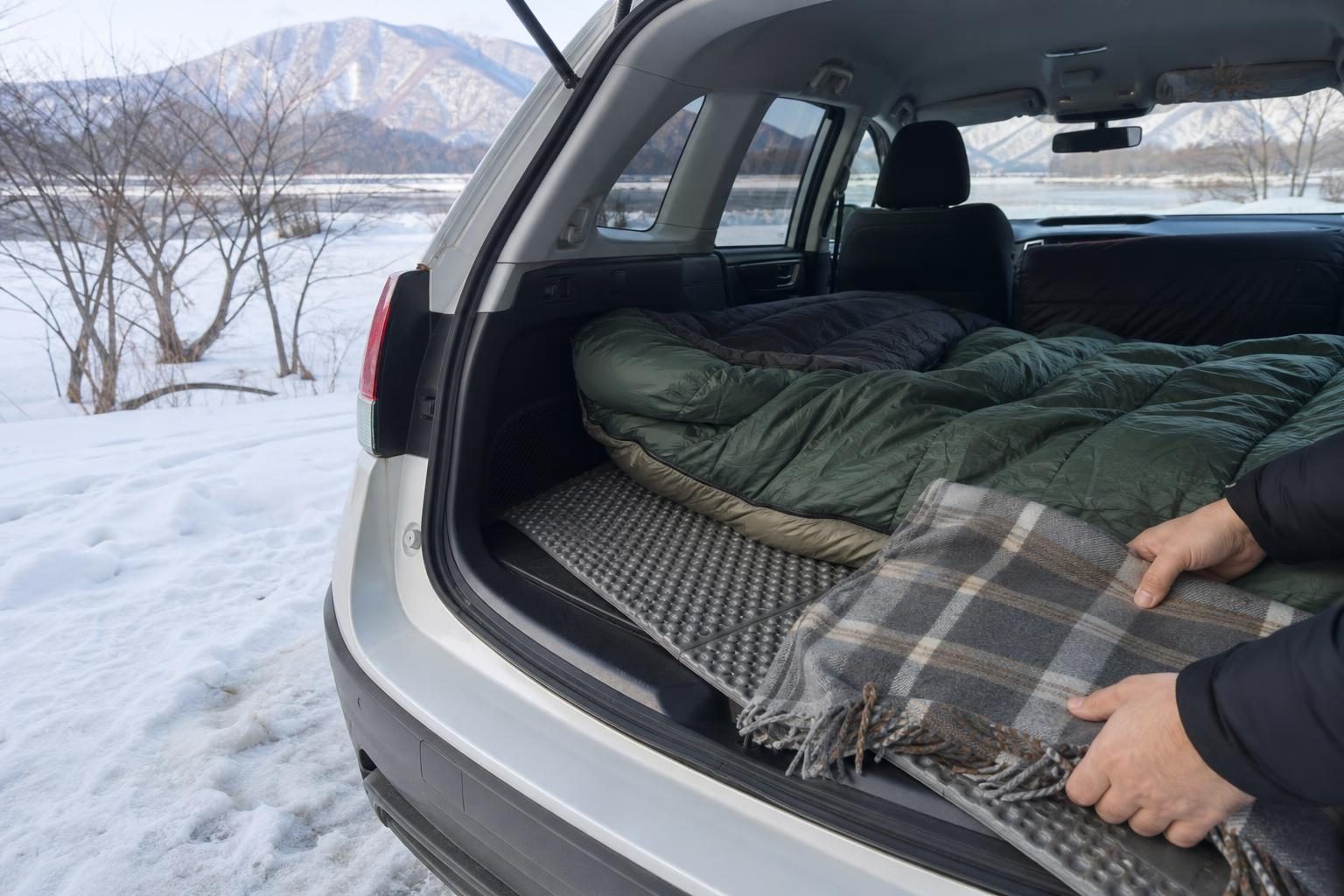 雪景色の中に停めた車の荷室。厚手の寝袋と毛布、断熱マットが敷かれている様子