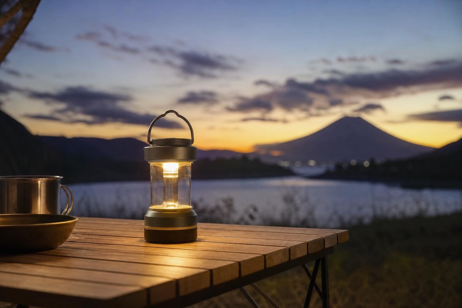 夕暮れのキャンプサイトのテーブルに置かれた小型の充電式LEDランタン