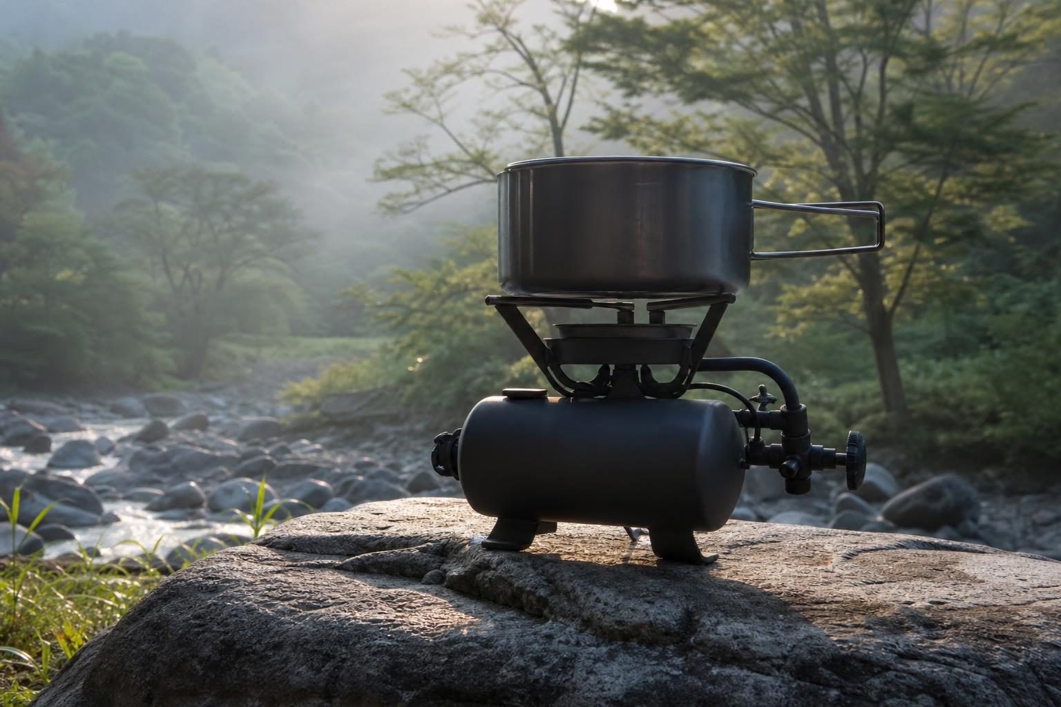 朝のキャンプ場で、岩の上に置かれた黒い小型シングルバーナーと鍋(屋外の開けた場所)