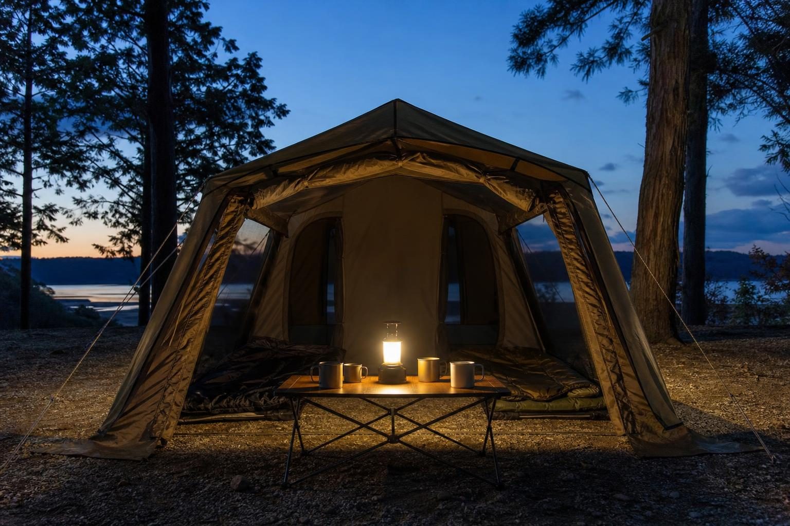 秋の夕方、キャンプ場で2ルームテントの前の屋外に置かれたテーブルとLEDランタン
