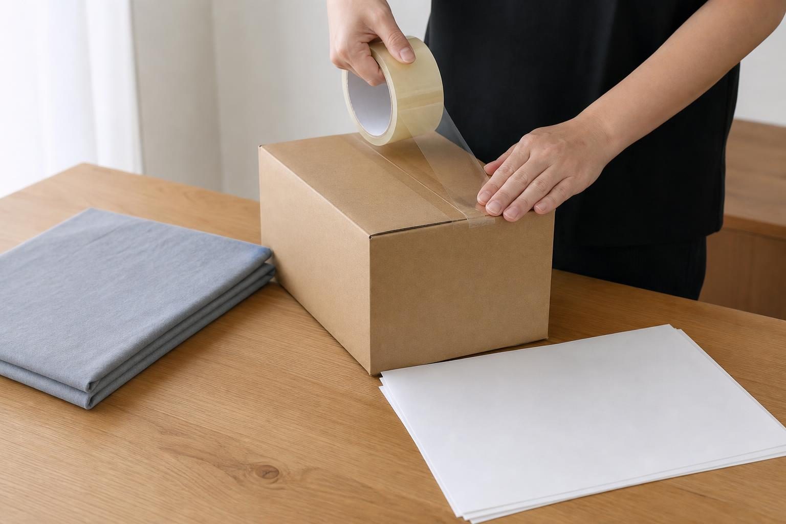 屋内の机の上に、ロゴや文字のない段ボール箱と、たたまれた灰色のシート、白紙の書類が並んでいる様子。人物は手元だけ。製品や火は写さない