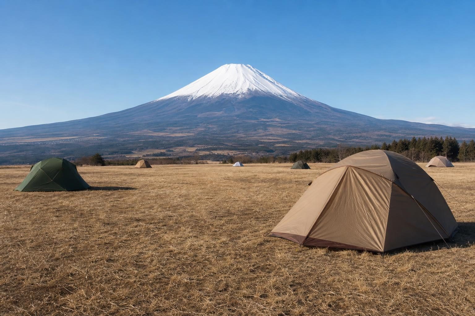 冬の晴れた朝、広い草原のフリーサイトに点々と張られたテントと、奥にそびえる雪をかぶった大きな山、実在ロゴなし