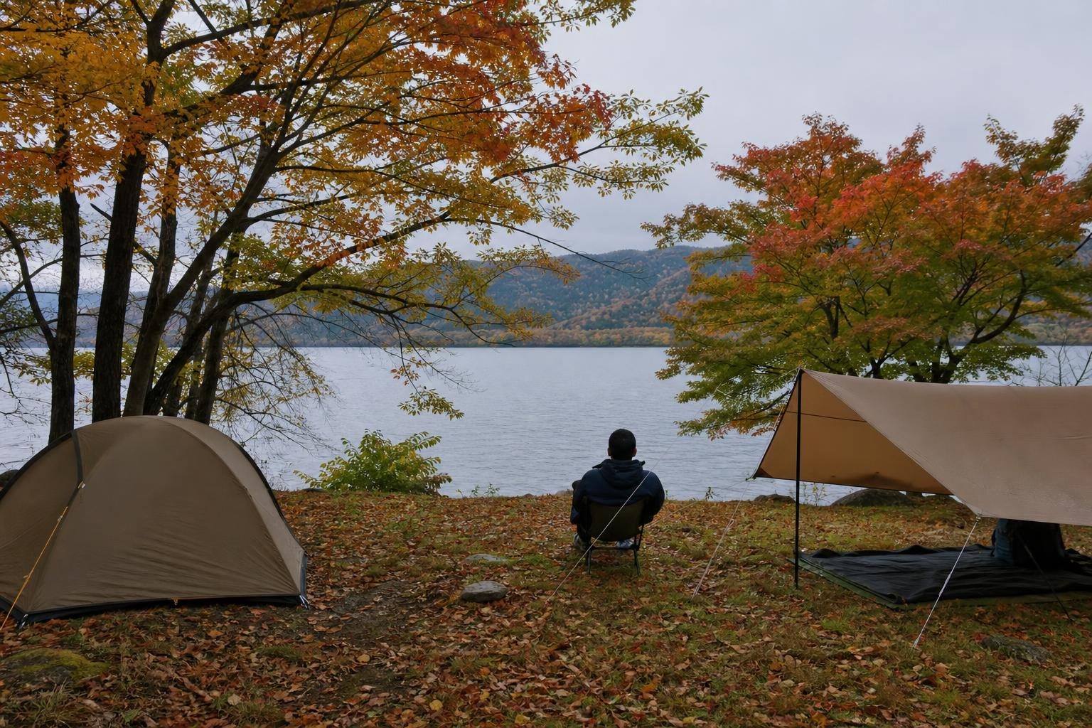 色づき始めたカエデとブナの林に囲まれた湖畔のキャンプサイトで、チェアに座る人の後ろ姿
