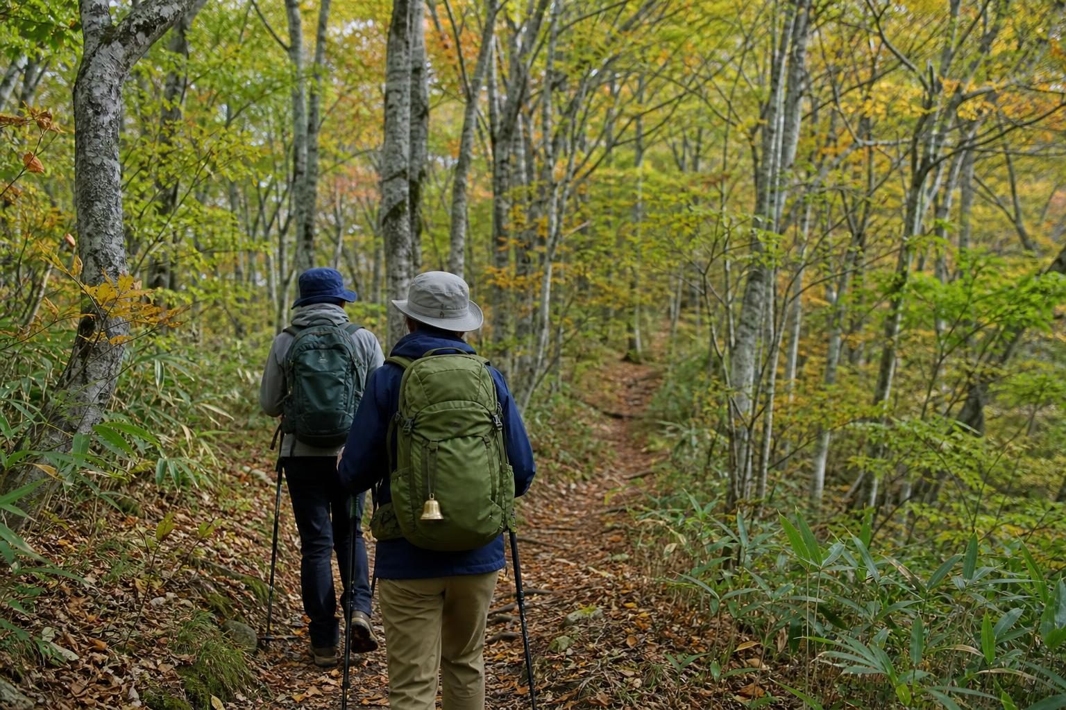 紅葉が始まった東北のブナ林の中を通る登山道。奥へ続く道を歩く2人組の後ろ姿（ザックに鈴）。クマは描かない