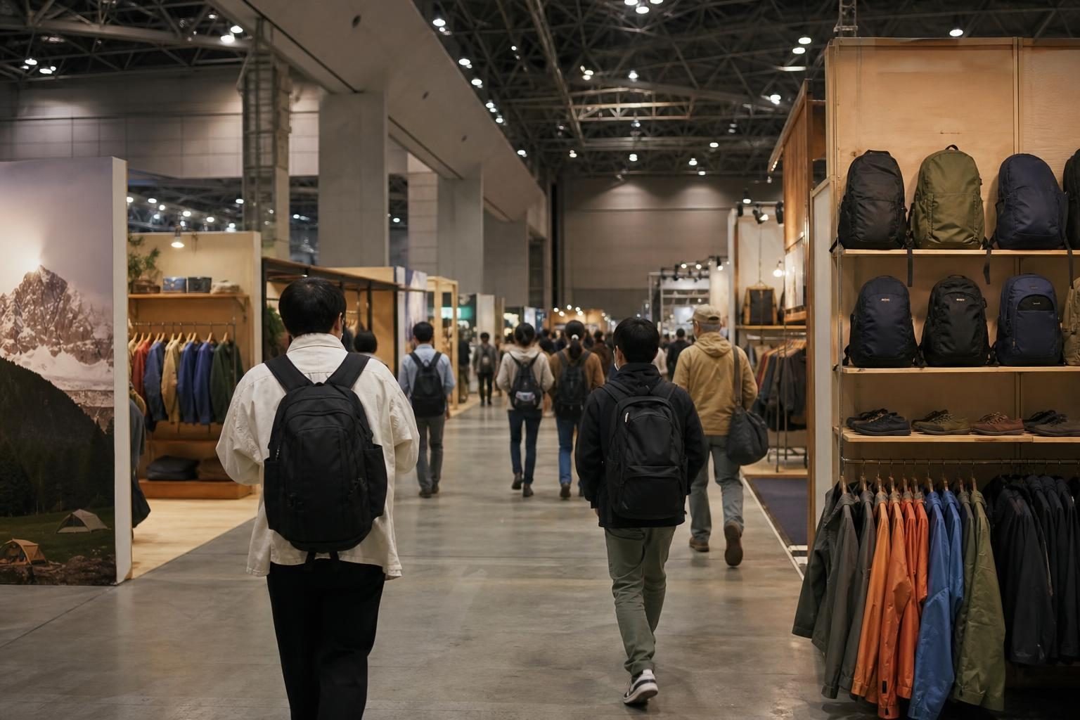 大きな展示ホールに並ぶアウトドア用品の売り場と、通路を歩く来場者の後ろ姿