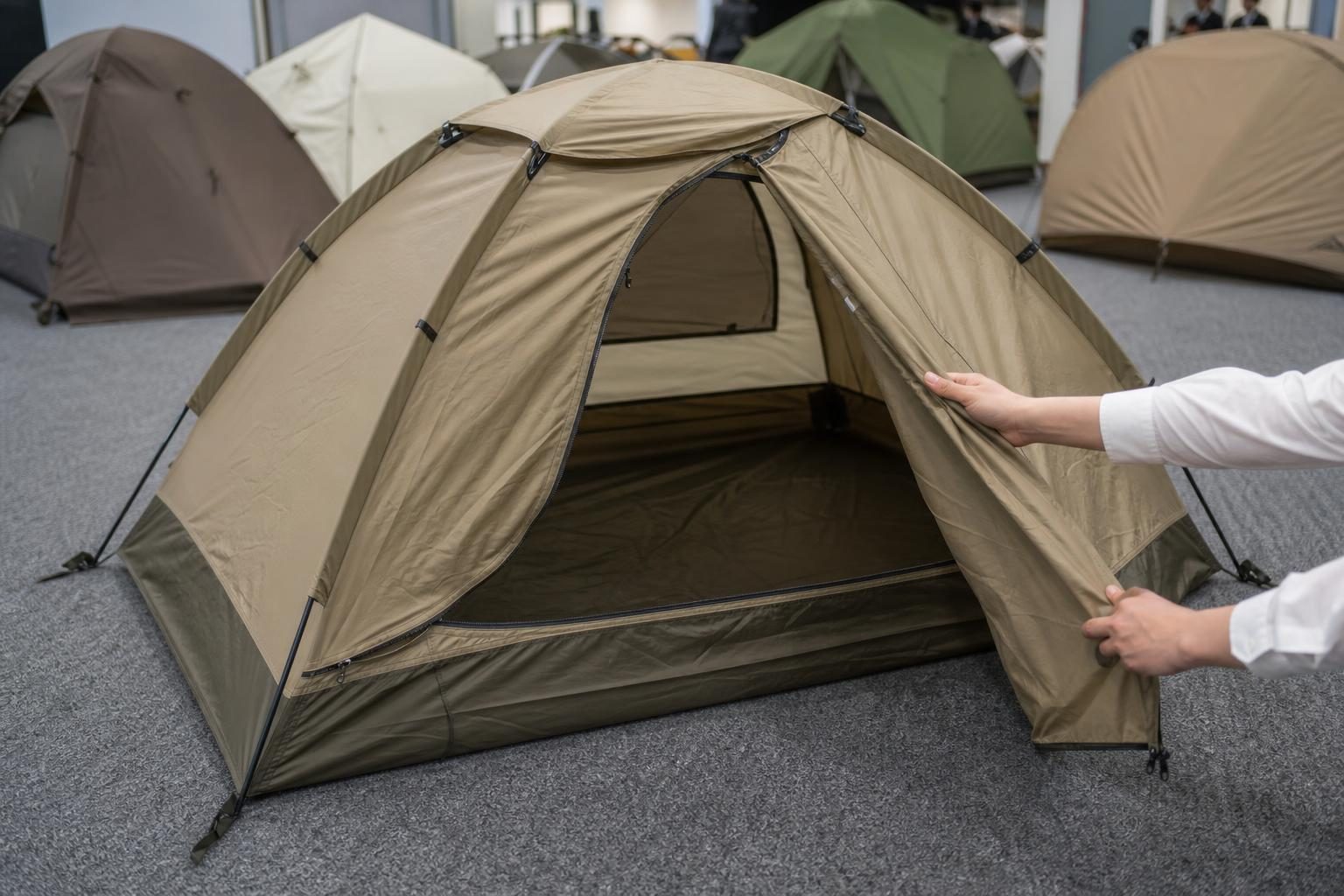 屋内の会場に設営されたドーム型テントと、中をのぞき込む人の手元