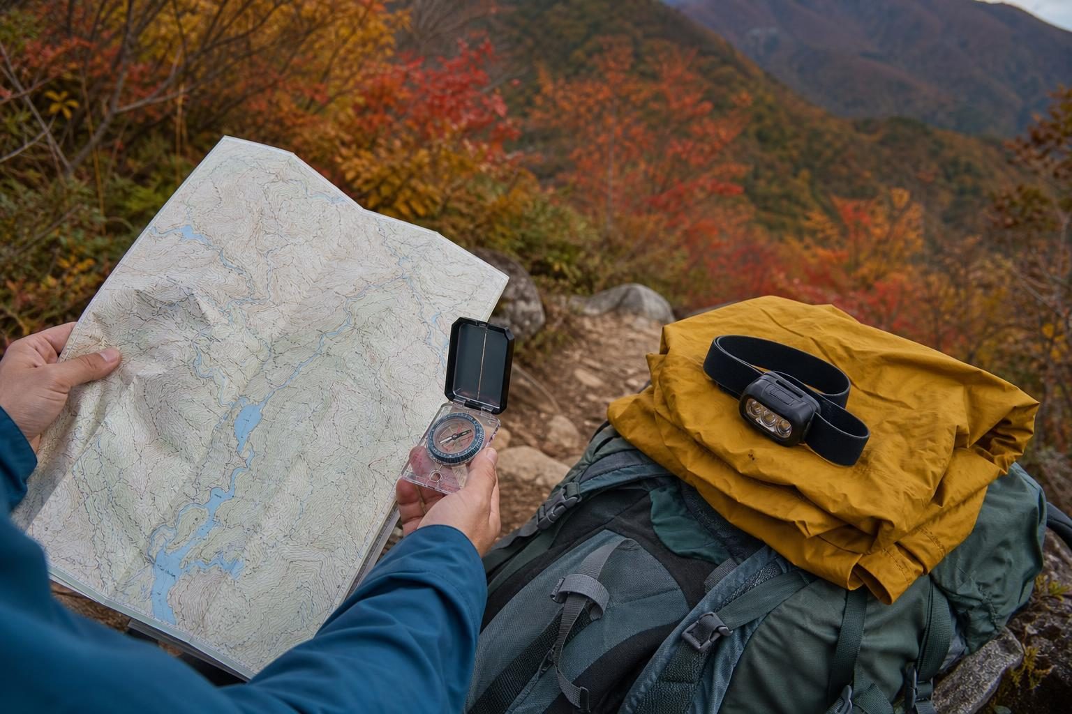 紅葉した山の登山口で、登山地図と方位磁石を広げて確認する手元。ザックの上にヘッドライトと雨具