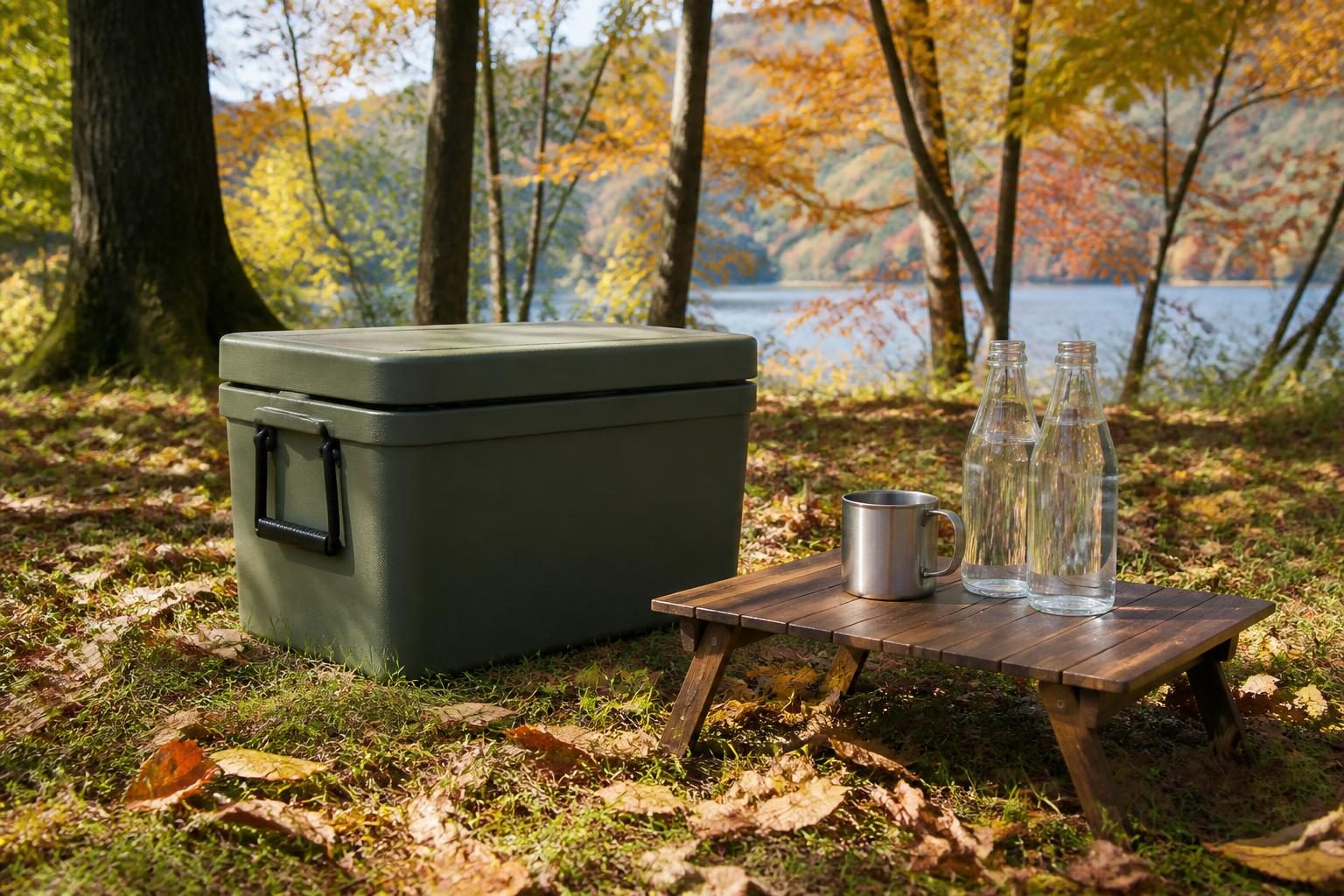 紅葉の湖畔の木陰に置いた無地のくすんだ緑の箱型クーラーと、低い木のテーブルに置いたマグ・水のボトル2本