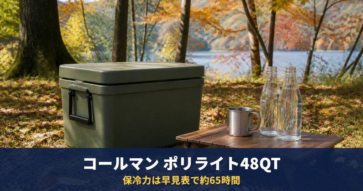 コールマン ポリライト48QTの保冷力は約65時間（早見表）｜商品ページは「3日」、容量約45L・重さ約4.1kg