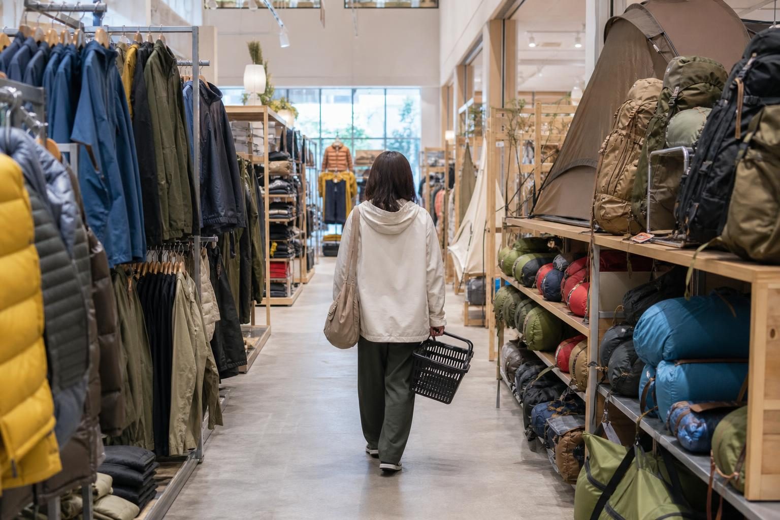 アウトドアのウエアや寝袋、ザックが並ぶ売り場の通路を、かごを持って歩く買い物客の後ろ姿
