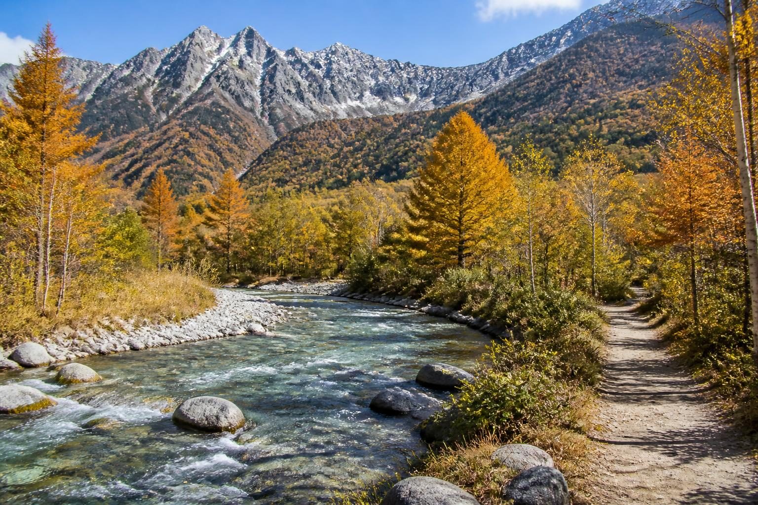 紅葉したカラマツ林を流れる浅い清流と小石の川原。奥に岩の多い山並み